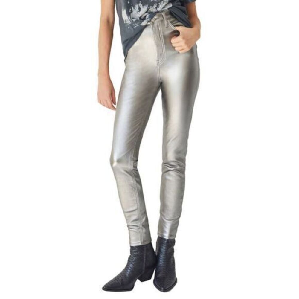 FREE PEOPLE NWT Phoenix Coated Skinny Jeans In Silver SIZE 28